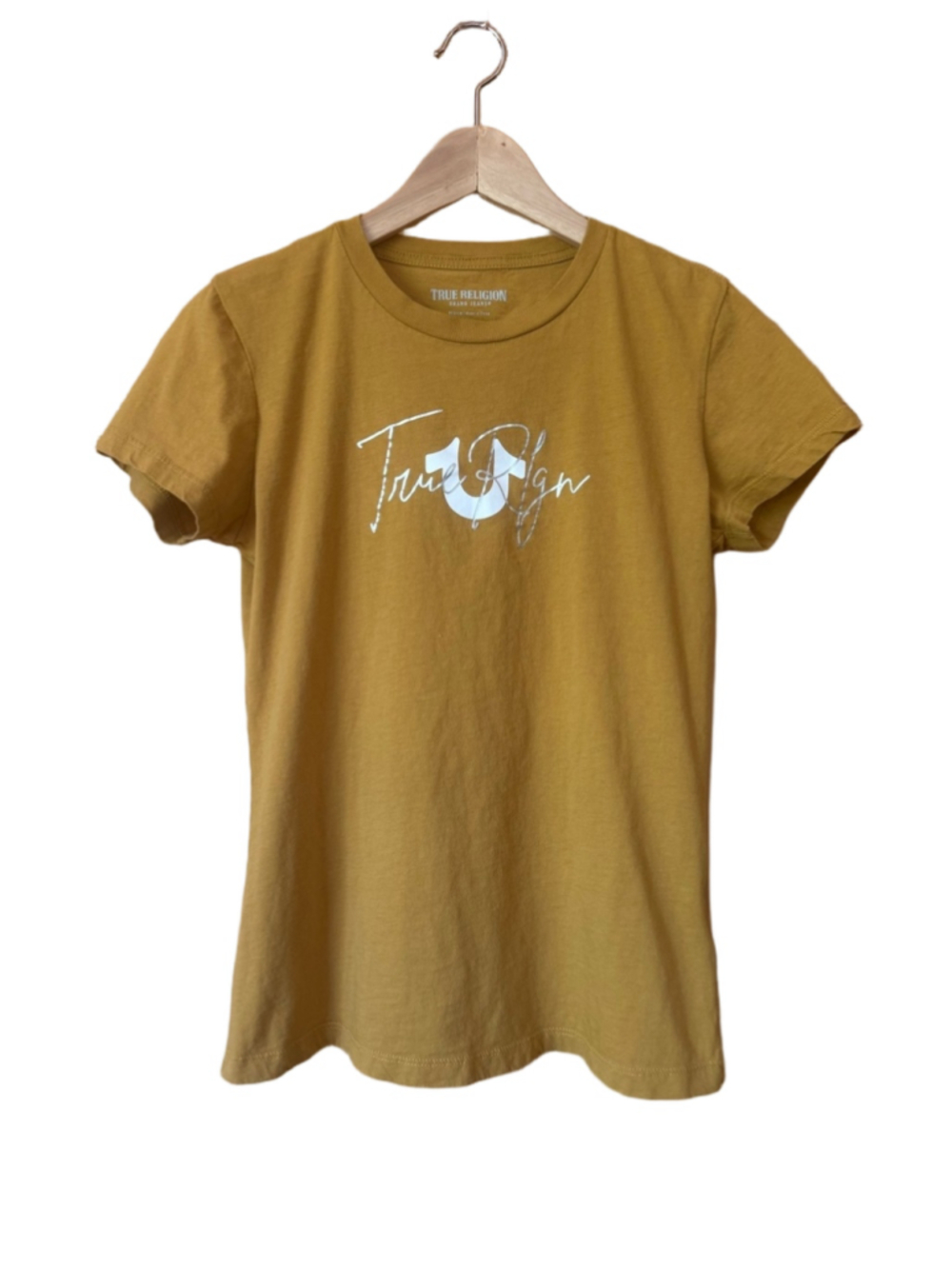 True Religion Mustard Crewneck T-Shirt with Foil Logo size medium
